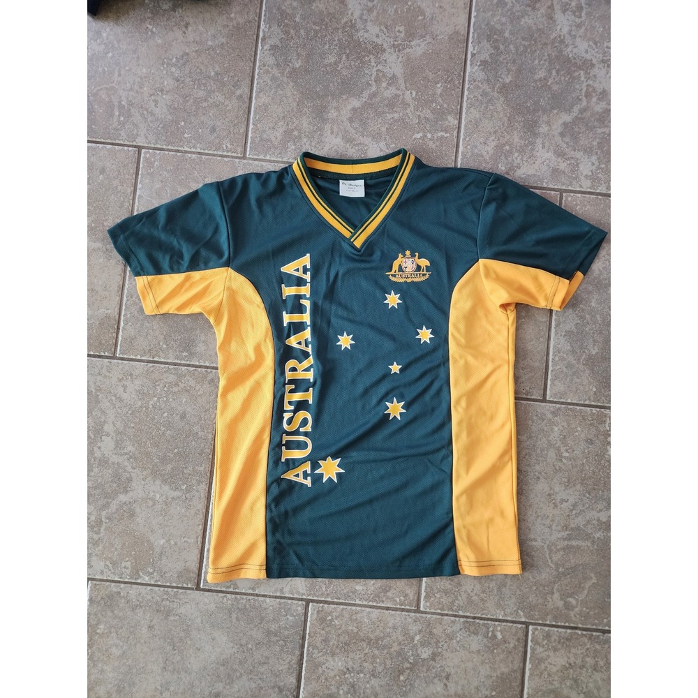 Oz Designs Australia Jersey Green Gold Souvenir Shirt Women Small V-Neck Mesh